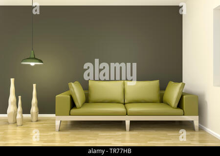 3D Computer Grafik, Innenausstattung mit modernen Ledersofa in grüner Farbe gegen einen dunklen grünen Wand Stockfoto