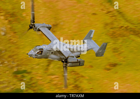 USAF CV-22 Osprey flying low level in der Mach Loop Bereich von Snowdonia, Wales, UK. Stockfoto