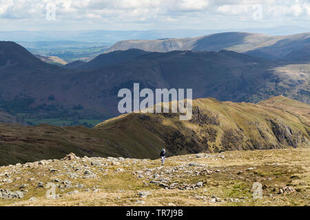 Walker Klettern bis hin zu Dove Crag mit dem Kamm des Hartsop oben wie unten und der Blick nach Norden über Winkel Tarn Pikes zu den Pennines, Lake District Stockfoto