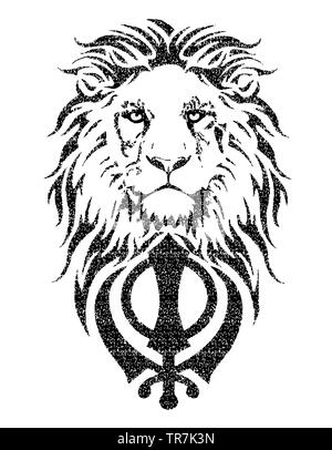 Khanda ist das wichtigste Symbol des Sikhismus, mit einem Löwen verziert mit langer Mähne, auf einem weißen Hintergrund, isoliert, Zeichnung für tattoo Stockfoto