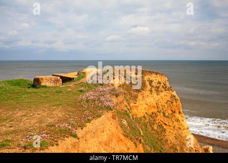 Eine alte Welt Krieg Zwei Verteidigung emplacement teilweise unterirdisch auf der Spitze einer Klippe in North Norfolk in Weybourne, Norfolk, England, Vereinigtes Königreich, Europa. Stockfoto