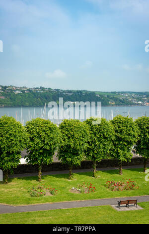 Kinsale öffentlicher Gartenpark mit Blick auf den Hafen mit sichtbaren Yachtmasten und Scilly Townland im Hintergrund in Kinsale, County Cork, Irland Stockfoto