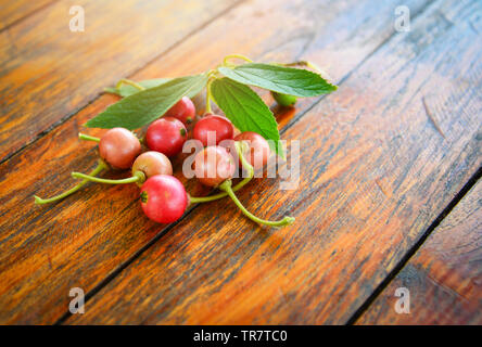 Die jamaikanische kirsche frucht und Blatt auf hölzernen Hintergrund/lokalen Obst in Asien andere Namen malaiische Cherry Calabura jam Baum Stockfoto