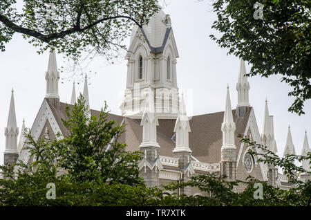 Salt Lake Assembly Hall im Tempel Platz der Kirche der Heiligen der Letzten Tage in Salt Lake City, Utah Stockfoto