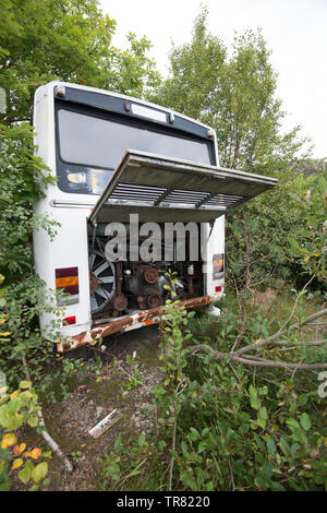 Einen Alten und Verlassenen bus stehend in den Büschen. Stockfoto