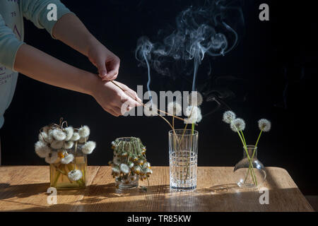 Ein Bouquet von Löwenzahn in einem durchsichtigen Glas auf dem Tisch gegenüber schwarzen Hintergrund Stockfoto