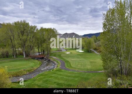 Sun Valley, Badger Canyon in Sawtooth Mountains National Wald Landschaft panorama Blick von Trail Creek Road in Idaho. In den Vereinigten Staaten. Stockfoto