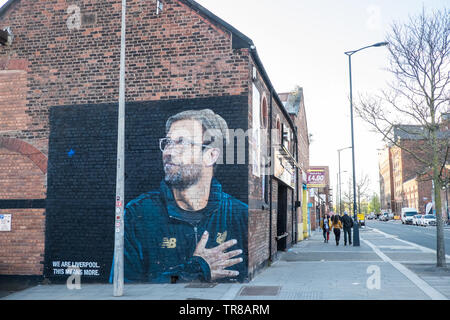 Große, riesig, Wandbild, Straße, Kunst, von, Liverpool, Fußball, LFC, Manager, Deutsche, Jürgen Klopp, auf, an der Wand, auf, Seite, der, Jamaica Street, Baltische Dreieck, Liverpool, England Stockfoto