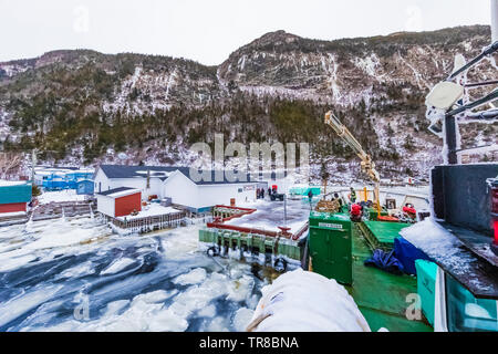 Waterfront mit schwebenden Pfannkucheneis am Ausgang von Grey River, die zusammen ein Fjord gekuschelt wird, gesehen von der Fähre Marine Voyager, Neufundland Stockfoto