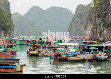 LAN HA BUCHT, VIETNAM - Februar 2019; schwimmende Fischerdorf Stockfoto