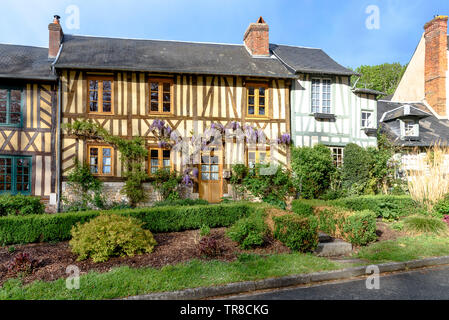 Ein Fachwerkhaus mit Glyzinien in Le Bec Hellouin, Normandie, Frankreich auf einem sonnigen Frühlingstag Stockfoto