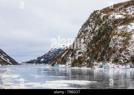 Waterfront mit schwebenden Pfannkucheneis am Ausgang von Grey River, die zusammen ein Fjord gekuschelt wird, gesehen von der Fähre Marine Voyager, Neufundland Stockfoto