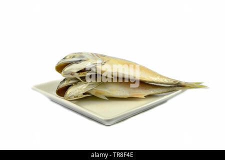 Gedünstet Makrele Fisch auf dem Teller auf weißem Hintergrund Stockfoto