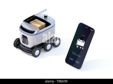 Selbstfahrer Lieferung Roboter mit Deckel für Pickup Paket geöffnet. Auf der rechten Seite angezeigt Lieferung apps Smartphone. 3D-Bild. Stockfoto