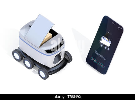 Selbstfahrer Lieferung Roboter mit Deckel für Pickup Paket geöffnet. Auf der rechten Seite angezeigt Lieferung apps Smartphone. 3D-Bild. Stockfoto