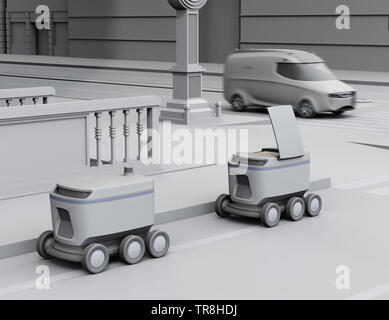 Ton Rendering von Selbstfahrer Lieferung Roboter und Lieferwagen auf der Straße. 3D-Bild. Stockfoto