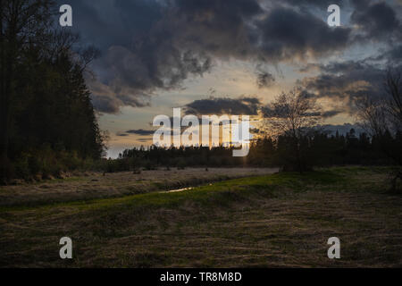 Dramatischer Sonnenuntergang über sumpfgebiet Stockfoto