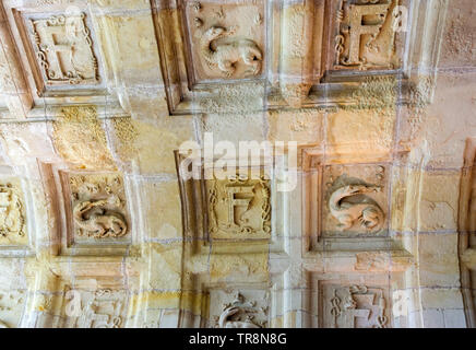 Caisson-Decke mit Salamander-Symbolen im Royal Château de Chambord, Loir et Cher, Centre Val de Loire, Frankreich Stockfoto