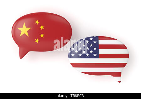 3D-Render von USA und China Flaggen auf Sprechblasen. USA und China Handelsbeziehungen Konzept Stockfoto