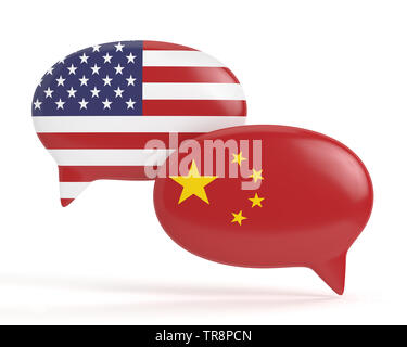 3D-Render von USA und China Flaggen auf Sprechblasen. USA und China Handelsbeziehungen Konzept Stockfoto