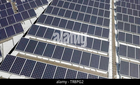 Solar Panels, die sich über eine industrielle Dach - Luftbild. Stockfoto