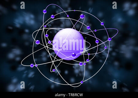 3D-Darstellung. Abstraktes Bild. Platz, Atome, Planeten, Moleküle, Elektronen auf schwarzem und blauem Hintergrund. Stockfoto