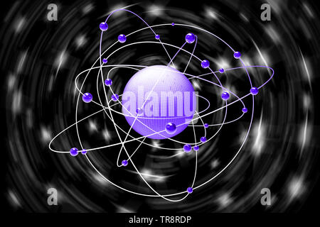 3D-Darstellung. Abstraktes Bild. Platz, Atome, Planeten, Moleküle, Elektronen auf schwarzem Hintergrund. Stockfoto