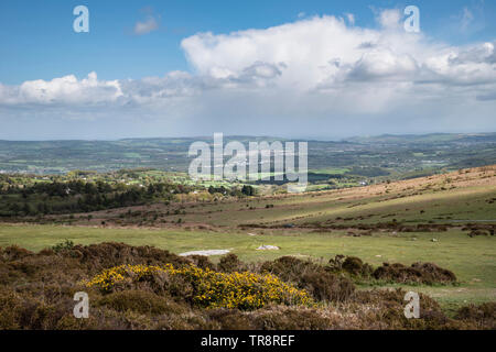 Schönen Frühling Landschaft Bild der Blick von Haytor in Dartmoor Nationalpark in Devon, England am schönen sonnigen Frühlingstag Stockfoto