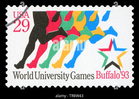 Vereinigte STAATEN VON AMERIKA - ca. 1993: Stempel in den USA gedruckt, zeigt Helden von Sportlern, World University Games Buffalo, circa 1993. Stockfoto