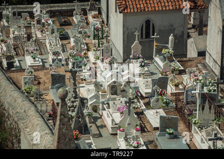 Friedhof mit Krypten und Marmor Gräber mit Blumen dekoriert in Gouveia. Eine Stadt mit Gärten und niedlichen historisches Erbe in Portugal. Stockfoto
