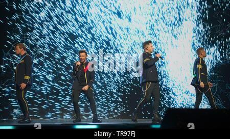 Glasgow, UK. 28. Mai 2019. Weltruf junge Band, Westlife, im Konzert an der Hydro-Arena in Glasgow während der zwanzig Tour". Bild: (links-rechts) Kian Egan; Shane Filan; Markus Feehily; Nicky Byrne. Stockfoto