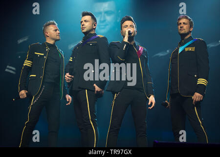 Glasgow, UK. 28. Mai 2019. Weltruf junge Band, Westlife, im Konzert an der Hydro-Arena in Glasgow während der zwanzig Tour". Bild: (links-rechts) Nicky Byrne; Markus Feehily; Shane Filan, Kian Egan. Stockfoto