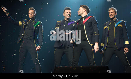 Glasgow, UK. 28. Mai 2019. Weltruf junge Band, Westlife, im Konzert an der Hydro-Arena in Glasgow während der zwanzig Tour". Bild: (links-rechts) Nicky Byrne; Markus Feehily; Shane Filan, Kian Egan. Stockfoto