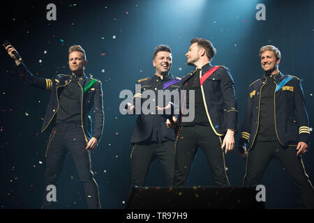 Glasgow, UK. 28. Mai 2019. Weltruf junge Band, Westlife, im Konzert an der Hydro-Arena in Glasgow während der zwanzig Tour". Bild: (links-rechts) Nicky Byrne; Markus Feehily; Shane Filan, Kian Egan. Stockfoto