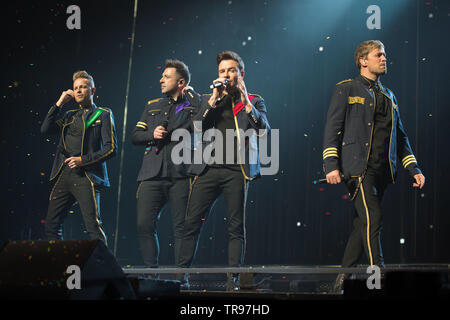 Glasgow, UK. 28. Mai 2019. Weltruf junge Band, Westlife, im Konzert an der Hydro-Arena in Glasgow während der zwanzig Tour". Bild: (links-rechts) Nicky Byrne; Markus Feehily; Shane Filan, Kian Egan. Stockfoto