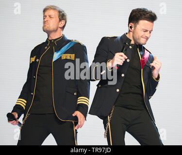 Glasgow, UK. 28. Mai 2019. Weltruf junge Band, Westlife, im Konzert an der Hydro-Arena in Glasgow während der zwanzig Tour". Bild: (links-rechts) Kian Egan; Shane Filan. Stockfoto