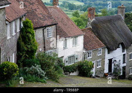 SHAFTESBURY, Großbritannien, 19. MAI 2019: Gold Hill ist eine steile Straße mit Kopfsteinpflaster in der Altstadt von Shaftesbury in der englischen Grafschaft Dorset. Es ist berühmt für seine Stockfoto