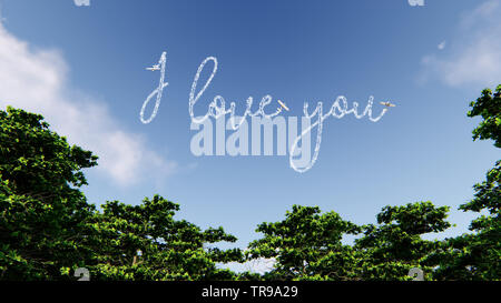 Skywriter schreiben die Worte Ich liebe dich im blauen Himmel, 3D-Rendering Stockfoto