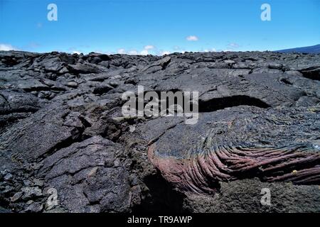 Amazing lava Felder zwischen Mauna Kea und Mauna Loa Vulkane auf der grossen Insel von Hawaii, ohne Leben außer einigen seltenen Fällen Stockfoto