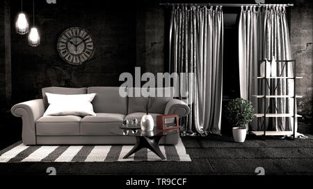 Im Loftstil in dunklen Zimmer Interior Design. 3D-Rendering Stockfoto