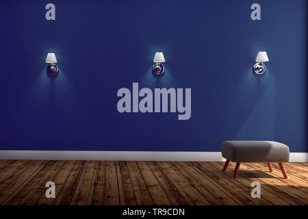 Wohnzimmer Innenraum mit Stuhl und Drei Lampen, Holzboden auf der blauen Wand Hintergrund. 3D-Rendering Stockfoto