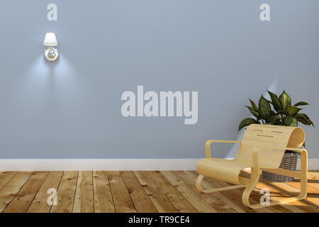 Wohnzimmer Einrichtung mit Holz- Sofa mit einer Lampe, Pflanzen auf der blauen Wand Hintergrund. 3D-Rendering Stockfoto