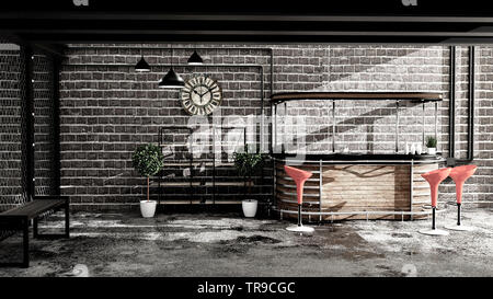 Bar im Loftstil, Bar Zimmer Interior Design. 3D-Rendering Stockfoto