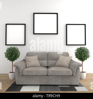 Einfache Plakat mit Sofa und Pflanzen auf weiße Wand im Wohnzimmer. 3D-Rendering Stockfoto