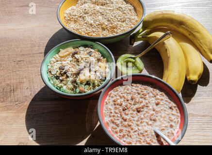 Sommer Haferflocken mit Obst und Frühstück 021 Schalen an einem sonnigen Morgen serviert Stockfoto