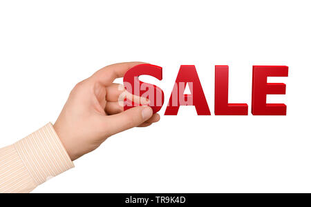 Hand mit rotem Text Verkauf. Rabatt Konzept. Stockfoto