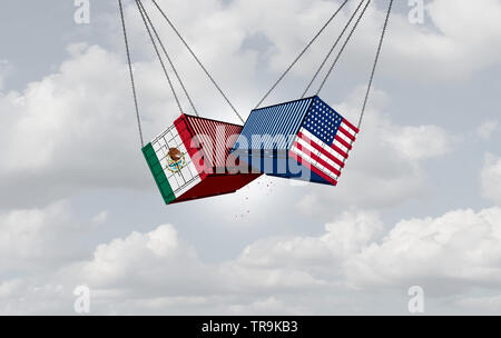 USA Mexiko Handelskrieg und Amerikanischen Tarife als zwei entgegengesetzte Ladung Containern in Konflikt als wirtschaftliche Streit über Import und Export steuern. Stockfoto