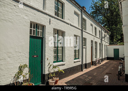 Fassade aus Backstein Haus mit Tür und Fenster in eine kleine Gasse in Brügge. Charmante Stadt mit Grachten und alte Gebäude in Belgien. Stockfoto