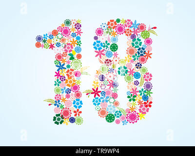 Vektor Bunte, mit Blumenmustern 18 Anzahl Design isoliert auf weißem Hintergrund. Florale Nummer 18 Vektor Schriftbild. Stockfoto