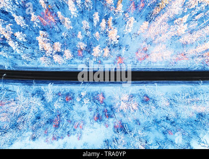 Luftaufnahme von einem Auto auf Winter Straße in den Wald. Winter Landschaft Landschaft. Luftaufnahmen von verschneiten Wald mit einem Auto auf der Straße. Erfasst f Stockfoto